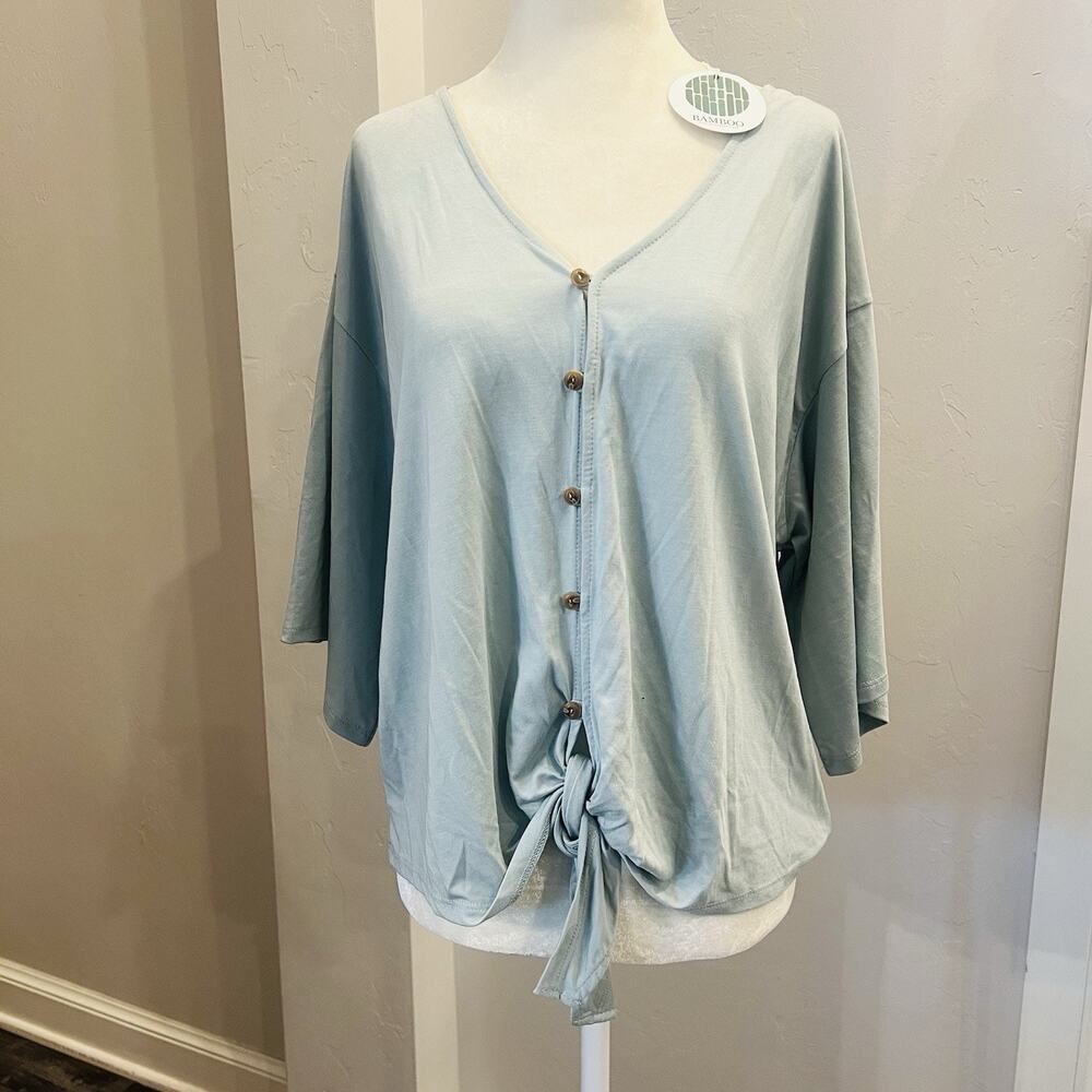 Wishlist Bamboo Top Women’s M/L 3/4Sleeves Button Tie Blouse Stretch (A0125)